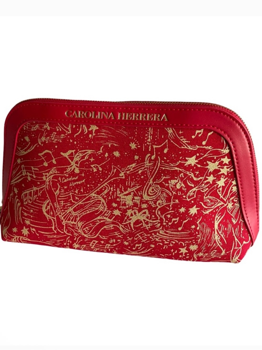 Carolina Herrera Red Cosmetic Pouch with Gold Graphic Print
